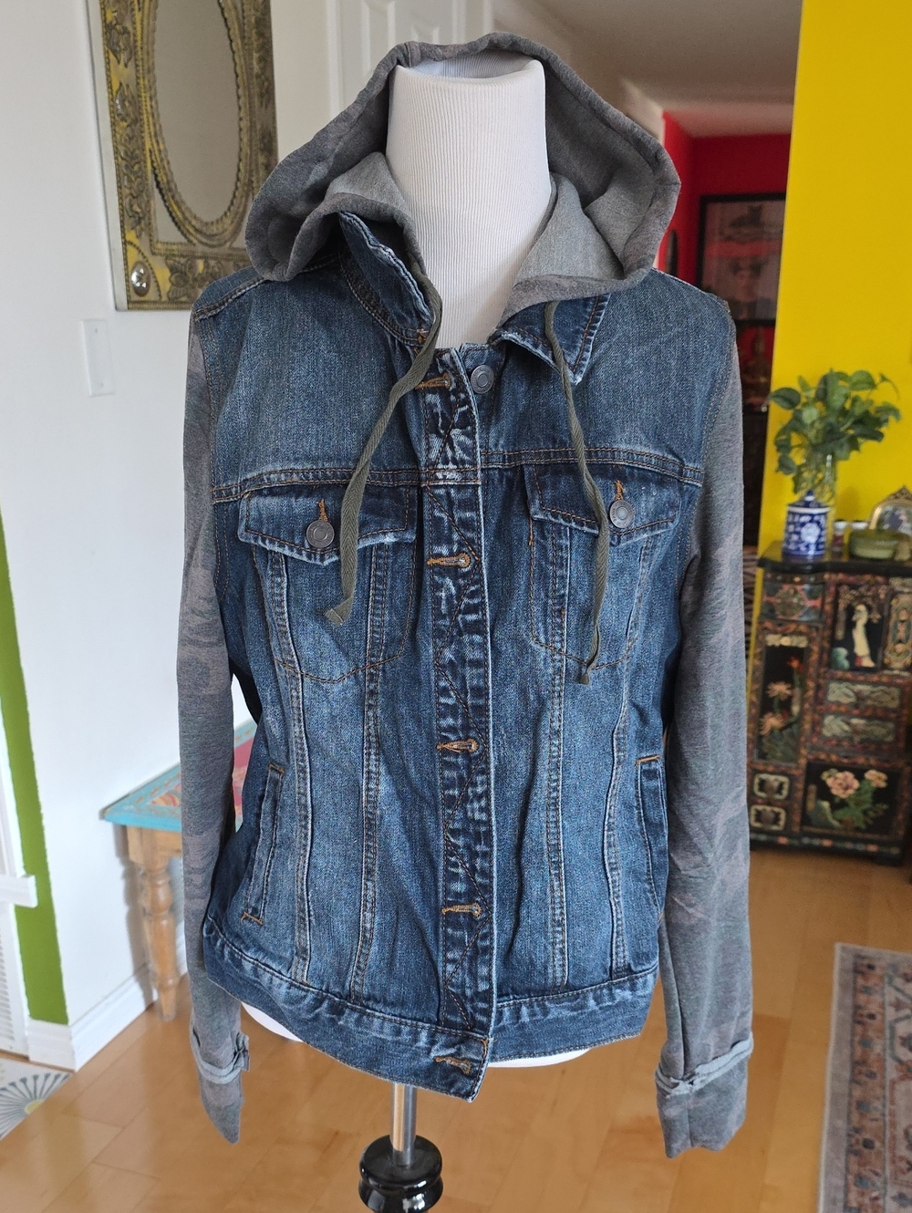 Classic Denim Hooded Jacket - Camo Sleeves And Hood